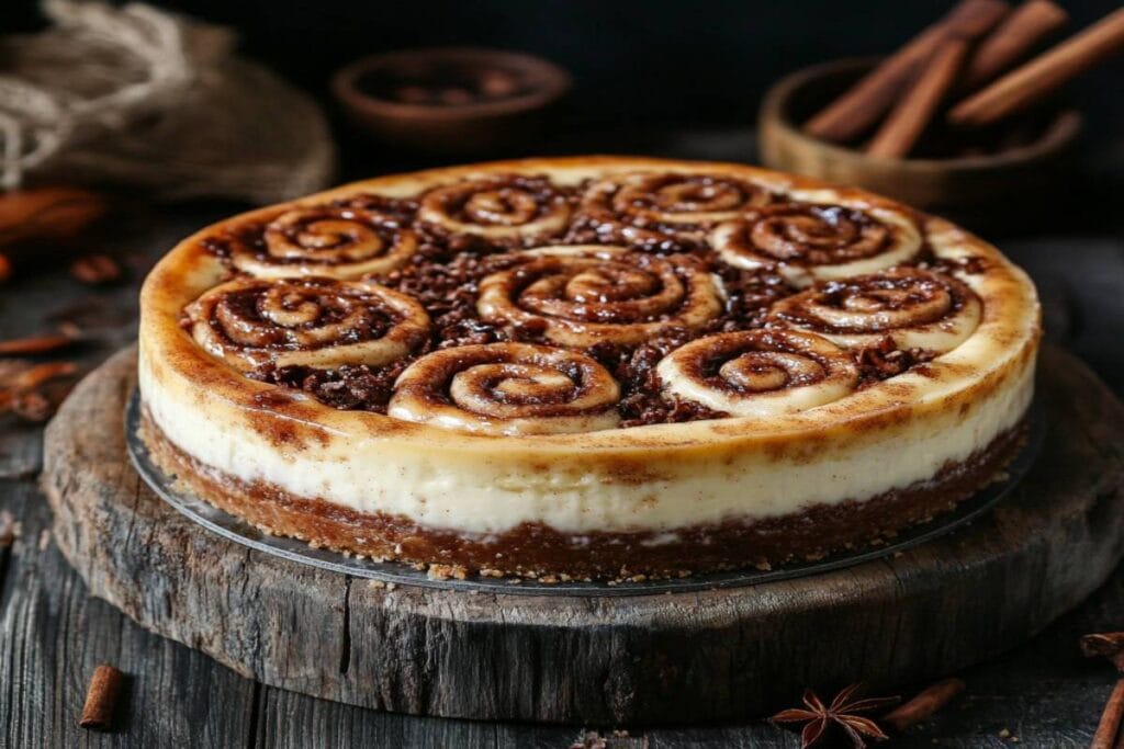 Cinnamon roll cheesecake with cinnamon swirls and caramel drizzle.
