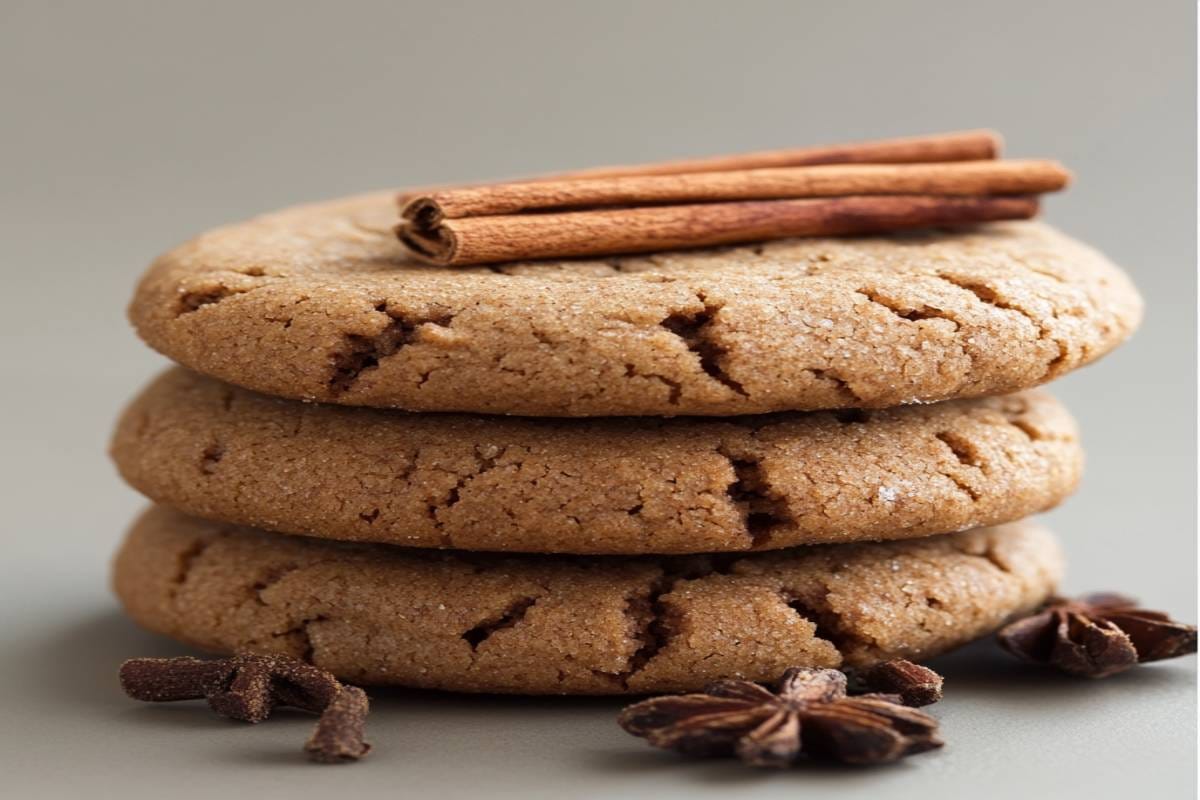 A plate of cinnamon cookies with cinnamon sugar on a wooden table beside a steaming cup of tea.