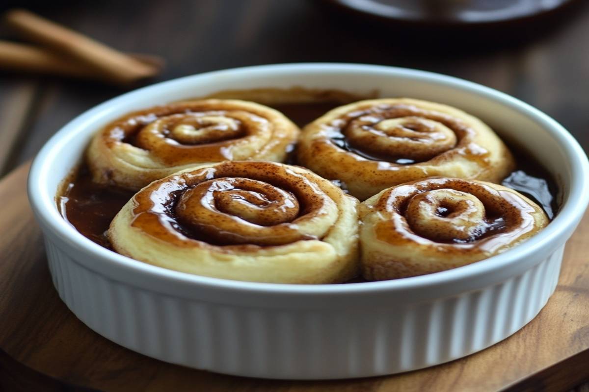 A table with freshly baked canned cinnamon rolls and gooey icing.