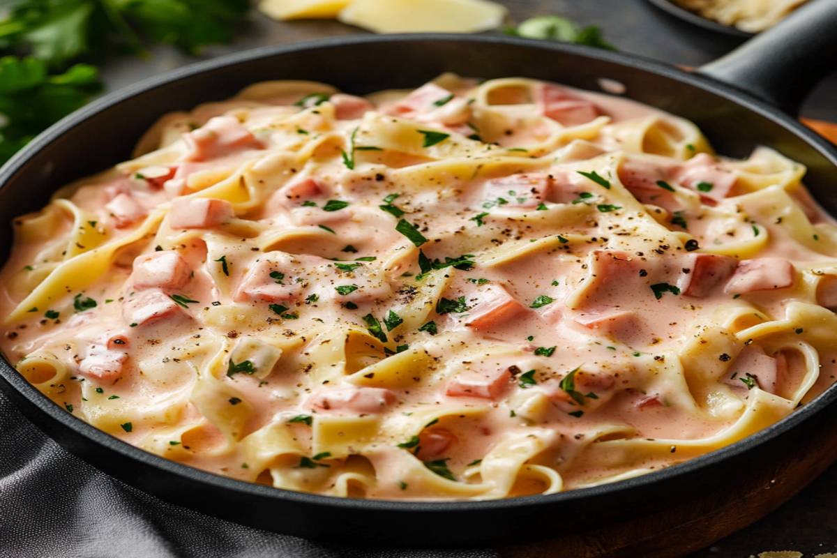 Bowl of pasta with creamy pink sauce, fresh basil, and Parmesan.