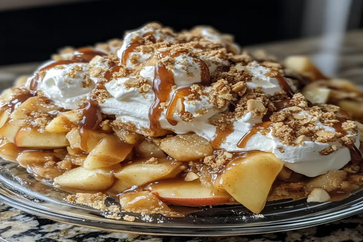 A homemade McFlurry Apple Pie in a glass bowl, topped with caramel and whipped cream.