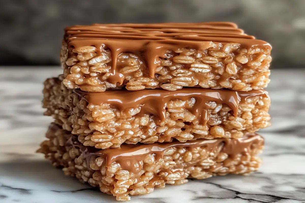 Stack of peanut butter rice crispy treats with peanut butter and rice cereal in the background.