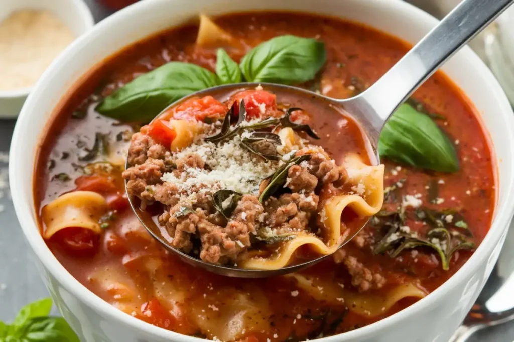 Lasagna Soup SkinnyTaste – A hearty bowl of lasagna soup with rich tomato broth, lean ground turkey, broken lasagna noodles, and melted cheese.
