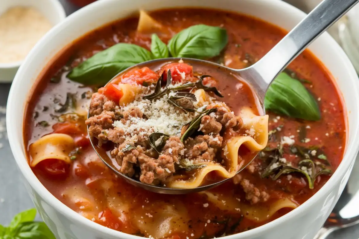 Lasagna Soup SkinnyTaste – A hearty bowl of lasagna soup with rich tomato broth, lean ground turkey, broken lasagna noodles, and melted cheese.
