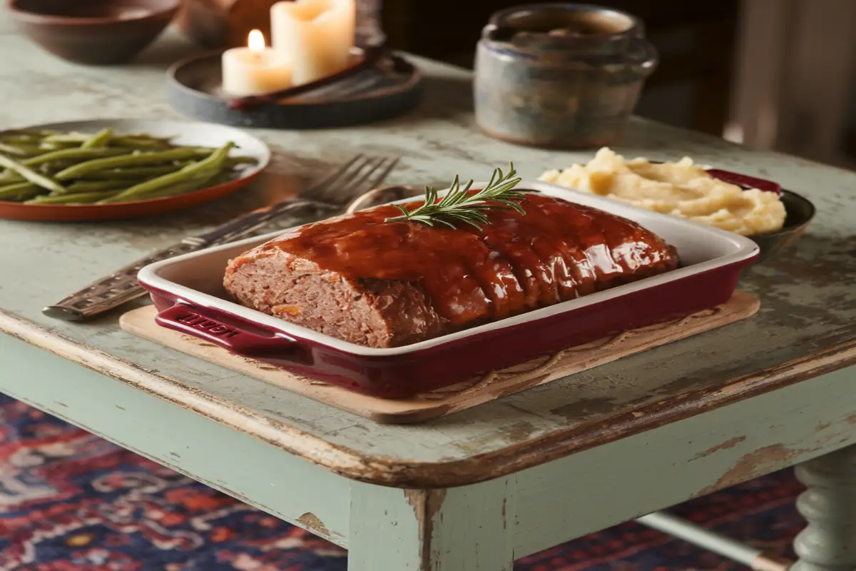 This image captures a freshly baked meatloaf with a tangy glaze, showcasing its rich and hearty appeal.