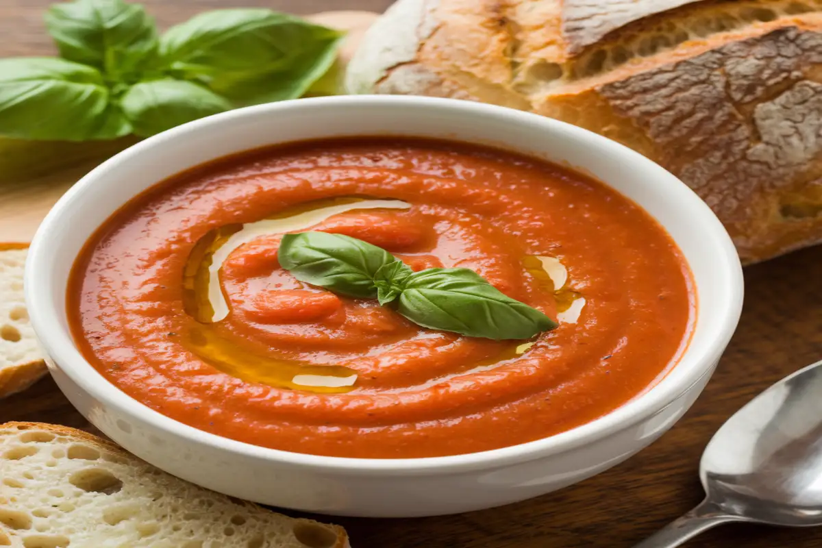 Creamy tomato soup garnished with basil and served with crusty bread.