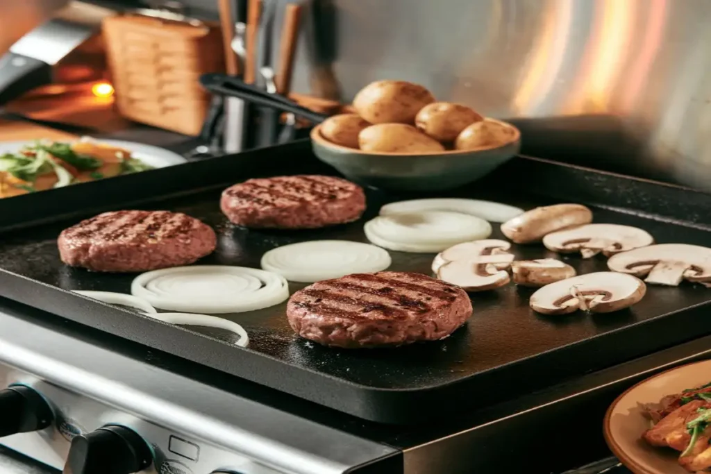 Blackstone griddle cooking steak, eggs, and pancakes outdoors.