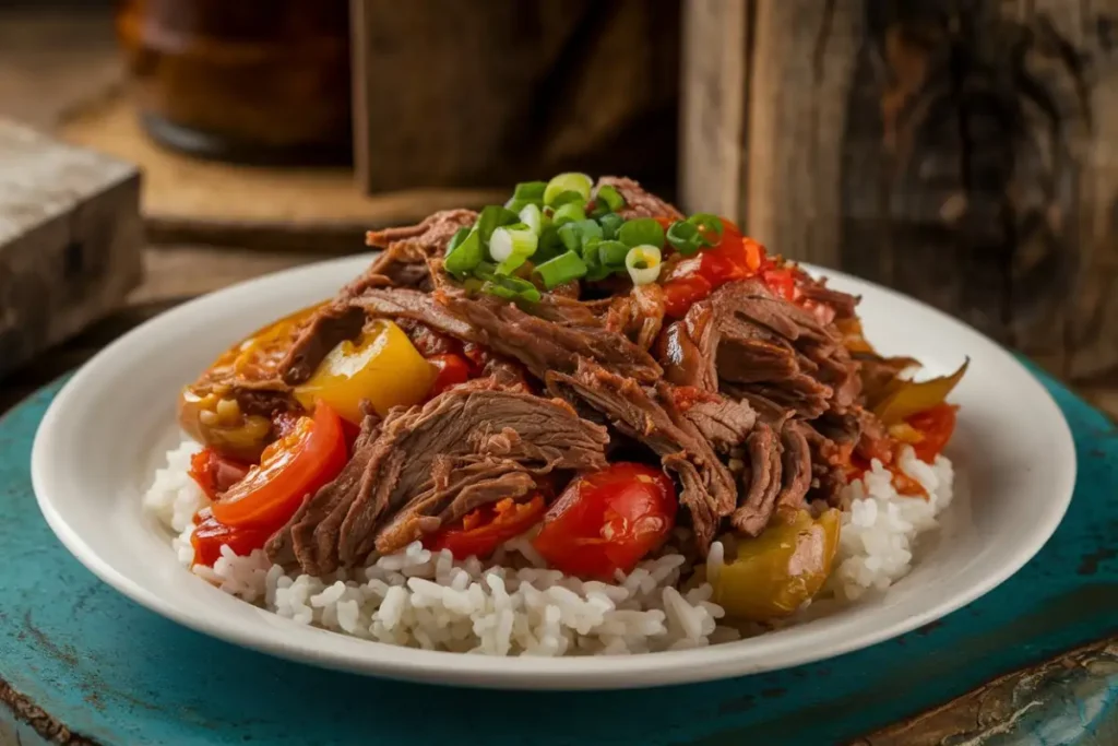 Cuban Food Recipes – A traditional plate of Ropa Vieja with rice, beans, and plantains.