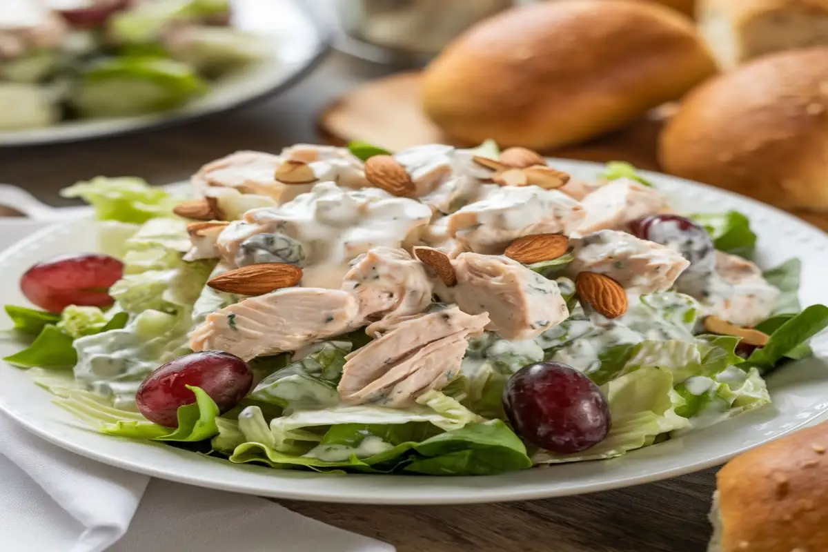 A fresh chicken salad plate with vegetables and crackers at a cozy restaurant.