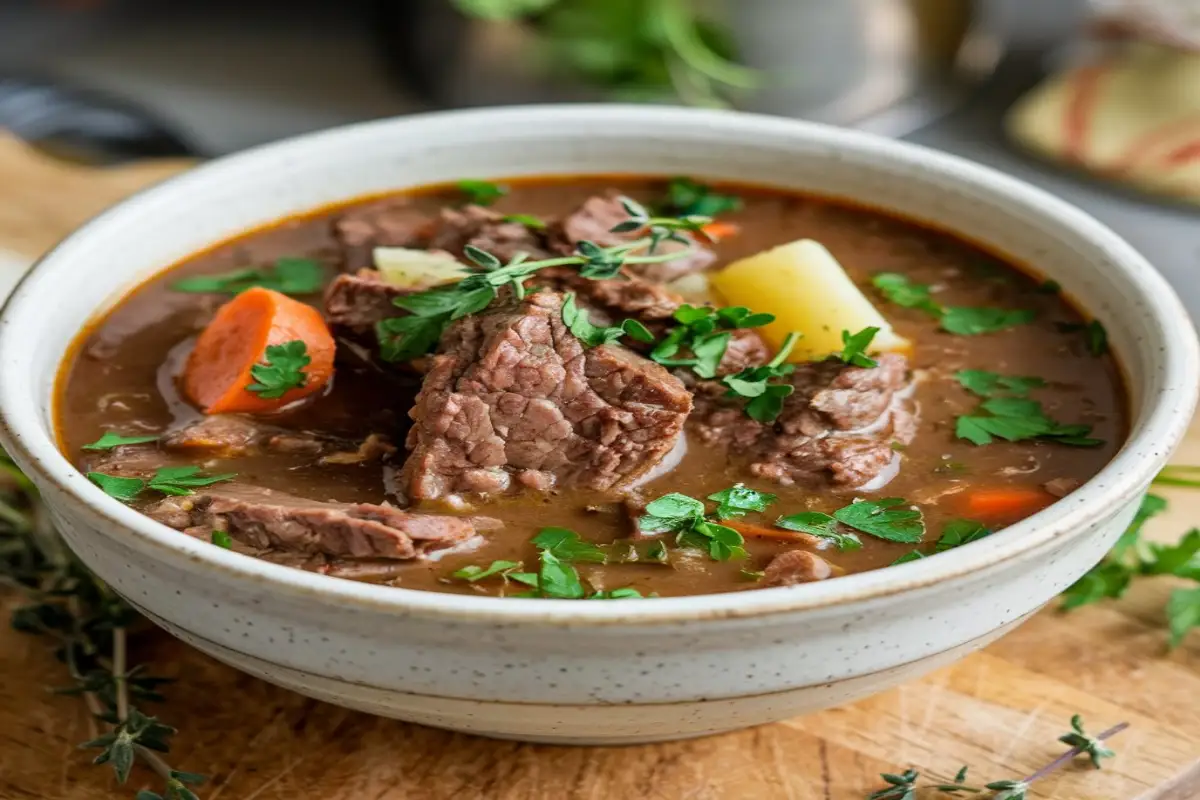 A hearty bowl of beef soup garnished with fresh parsley, surrounded by raw ingredients on a rustic table.