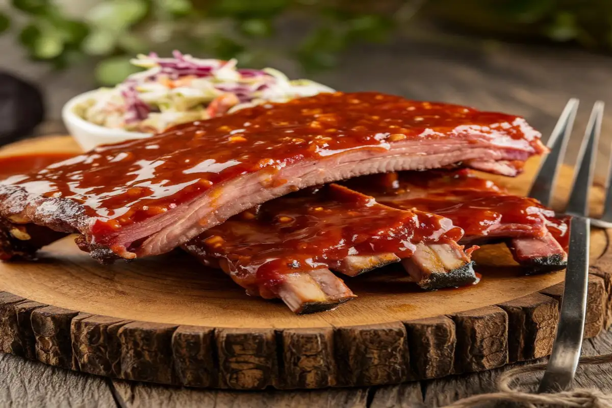 Tender barbeque ribs served with cornbread and coleslaw on a wooden board.