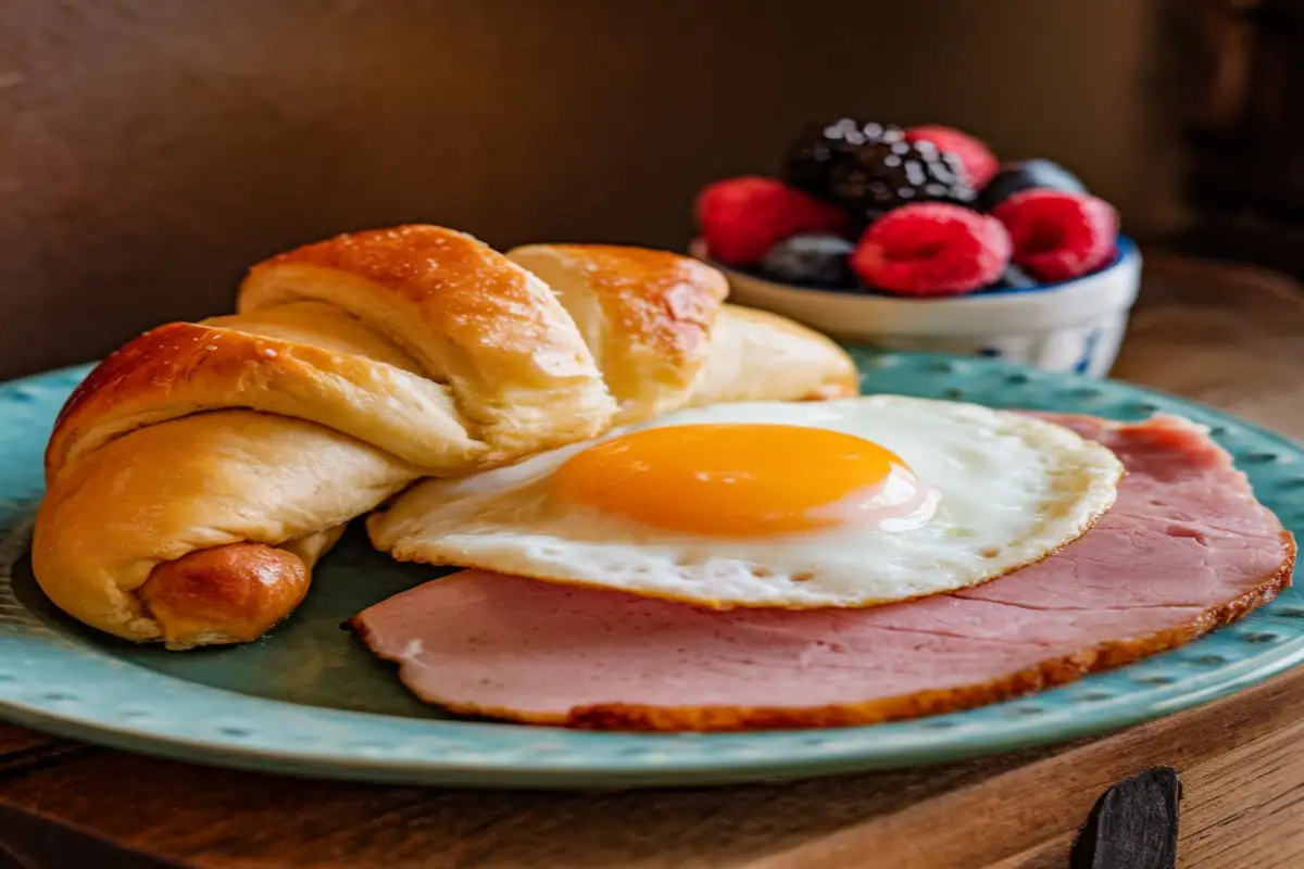 A plate of crescent roll breakfast ideas on a sunny morning kitchen counter.