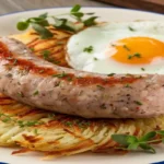 Homemade chicken breakfast sausage patties on a wooden table in a rustic kitchen.