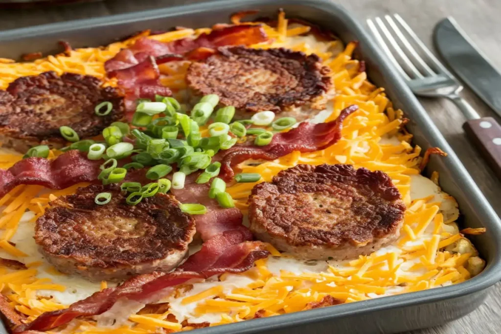 A freshly baked Paula Deen breakfast casserole on a rustic table