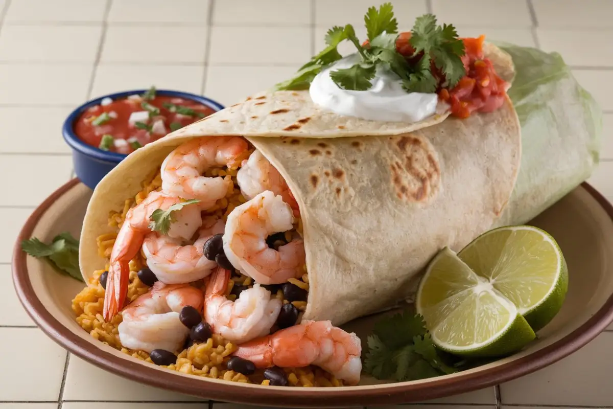 Freshly made shrimp burrito with vibrant fillings and tortilla chips on the side.