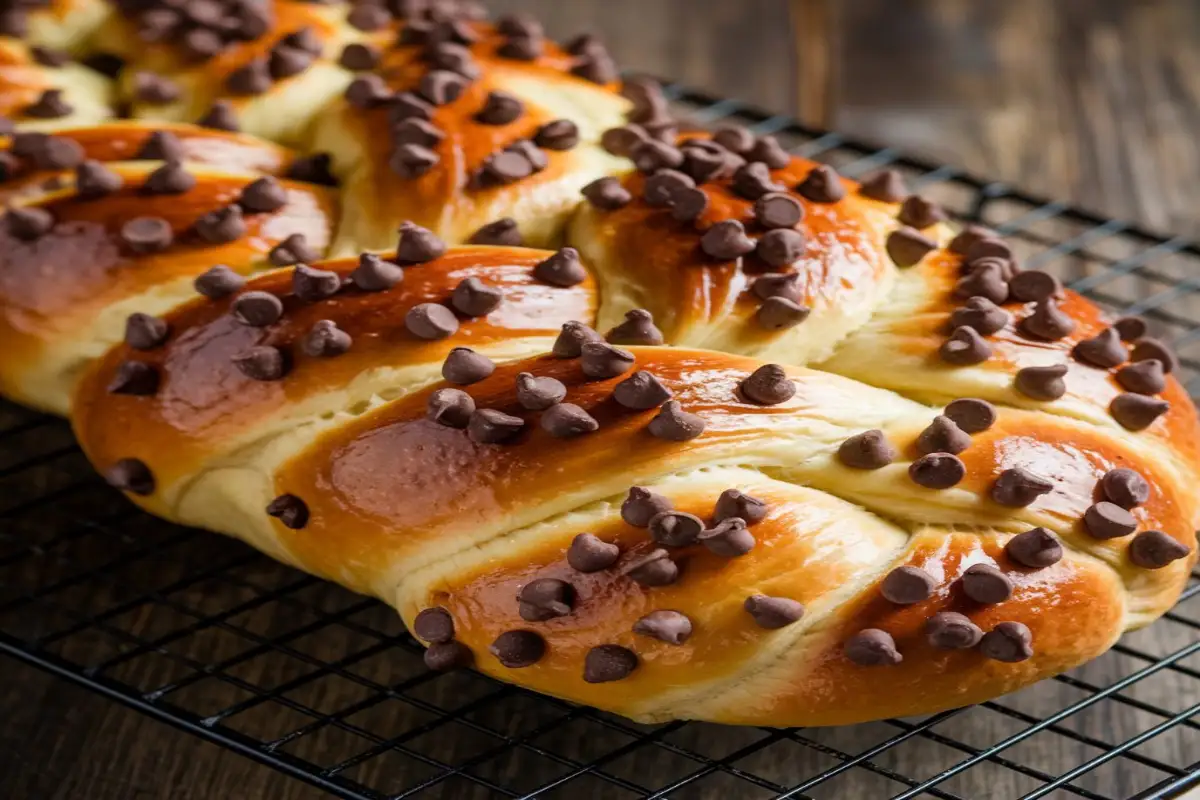 Freshly baked braided chocolate chip brioche on a cutting board.