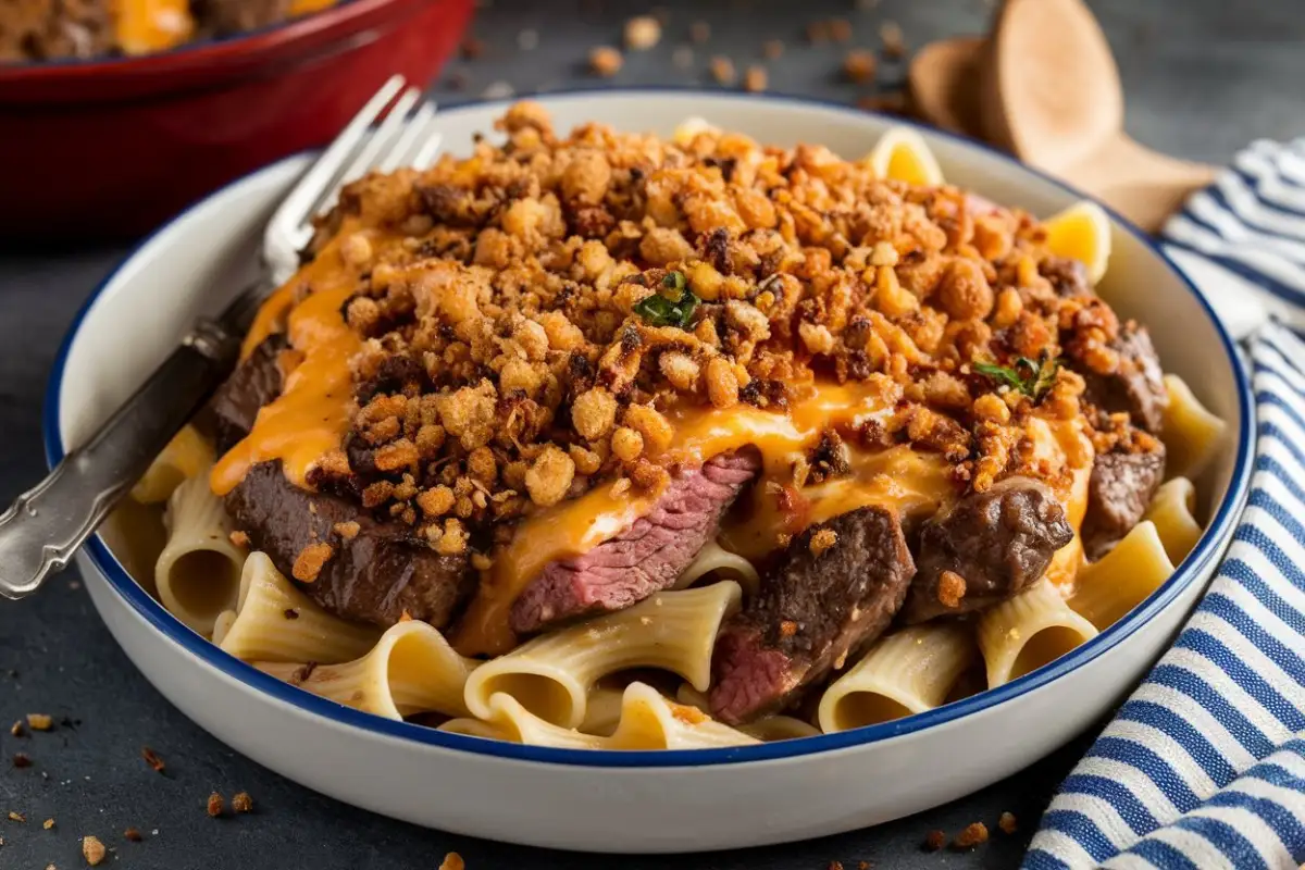 A delicious bowl of Philly Cheesesteak Pasta with beef, veggies, and cheese sauce.