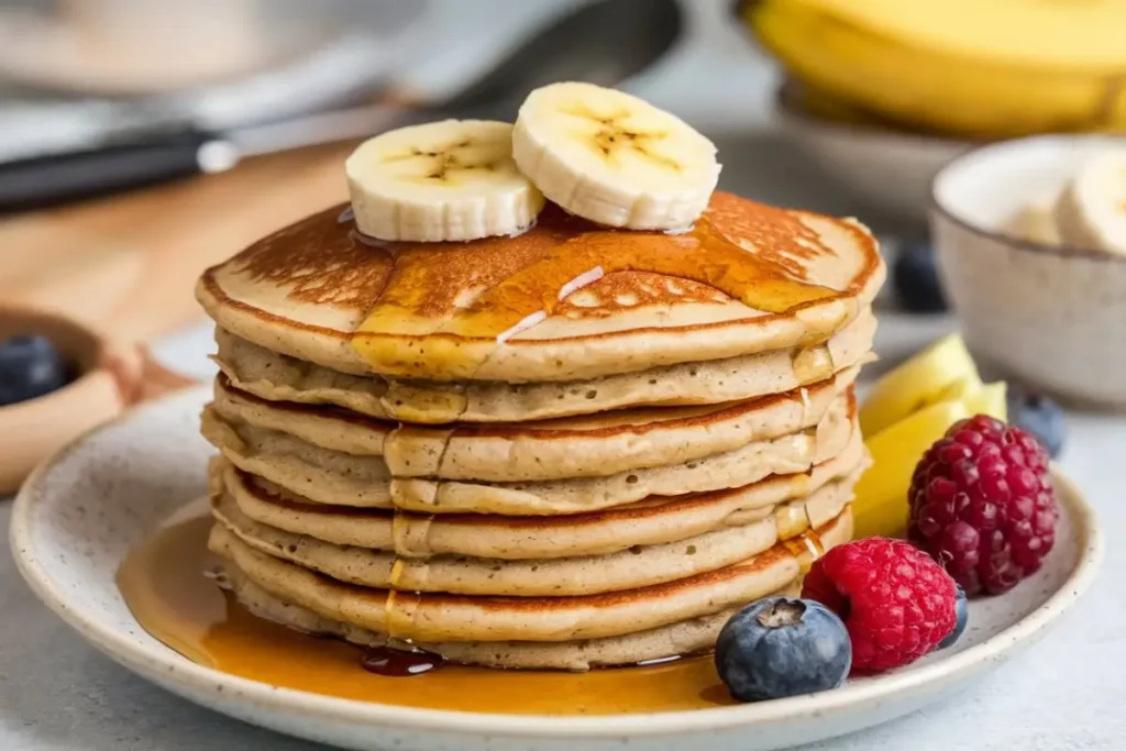 Vegan Banana Pancake Recipe – A stack of fluffy vegan banana pancakes topped with sliced bananas, maple syrup, and nuts.