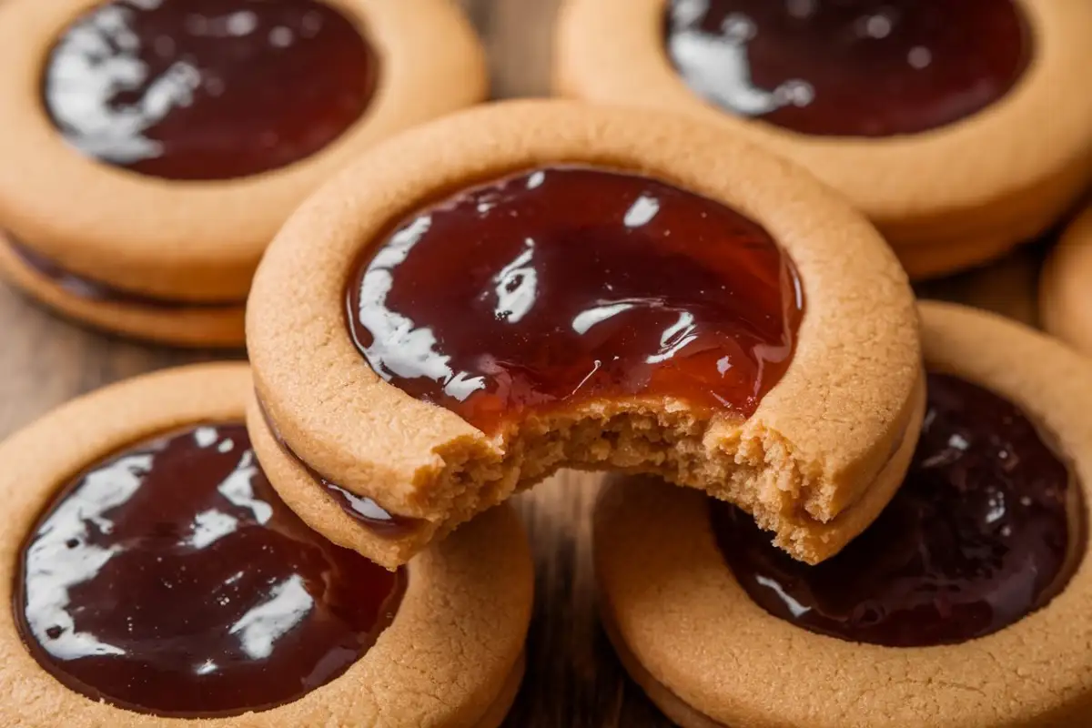 Freshly baked peanut butter and jelly cookies on a wooden table with a glass of milk.