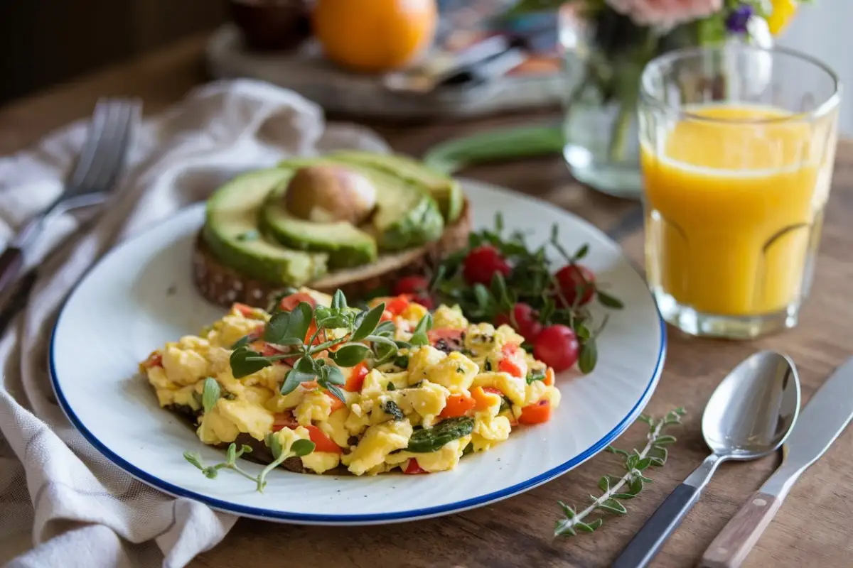 Chicken for Breakfast – A delicious breakfast plate featuring grilled chicken, scrambled eggs, avocado toast, and fresh vegetables.