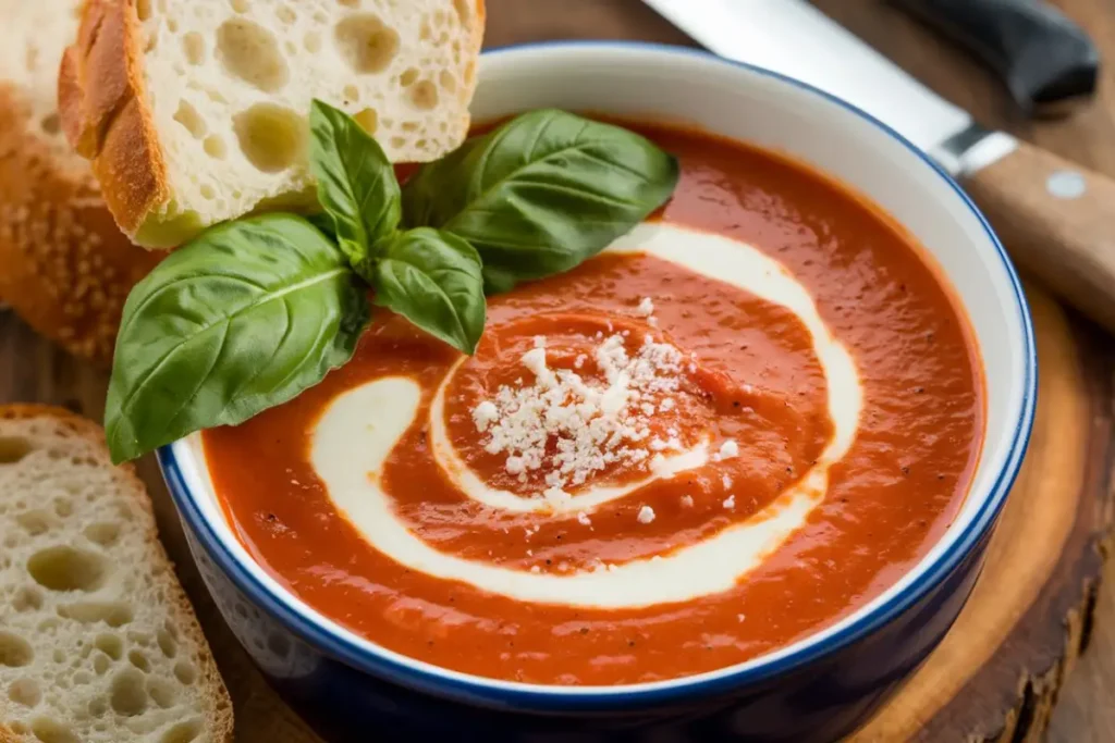Panera Tomato Soup Recipe – A bowl of creamy tomato soup with fresh basil, served with crispy grilled cheese.