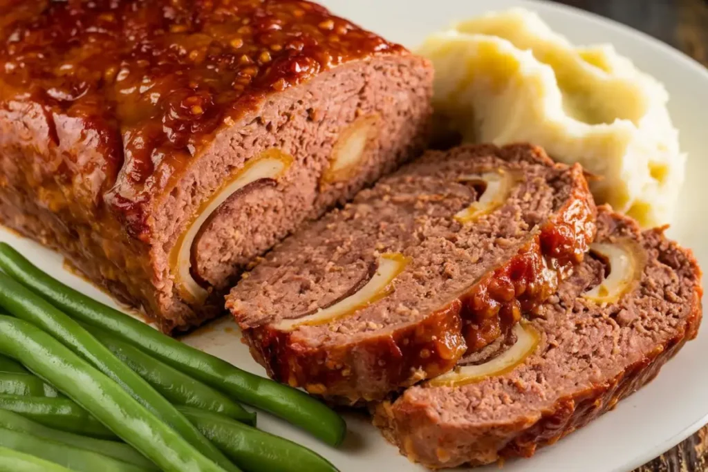 Lipton Onion Soup Meatloaf sliced on a wooden cutting board, showcasing its golden-brown crust and moist interior, served with mashed potatoes and roasted vegetables.
