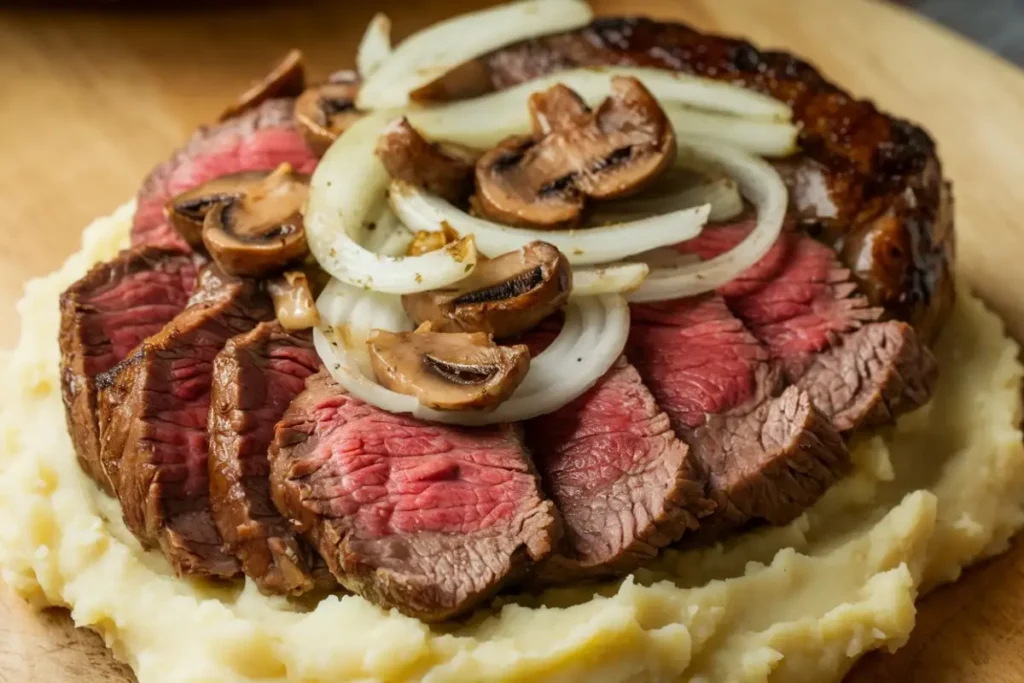 Best Steak Cuts for Slow Cooking - A tender slow-cooked steak served with mashed potatoes and roasted vegetables, garnished with fresh herbs.