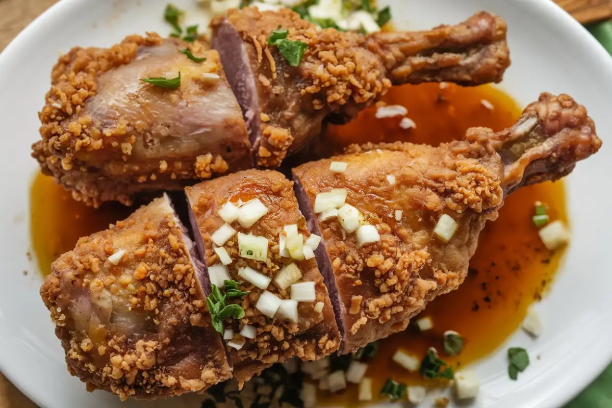 Crispy Pata Recipe – A golden-brown, crispy pork knuckle served with soy-vinegar dipping sauce, garlic rice, and atsara on a rustic Filipino dining table.
