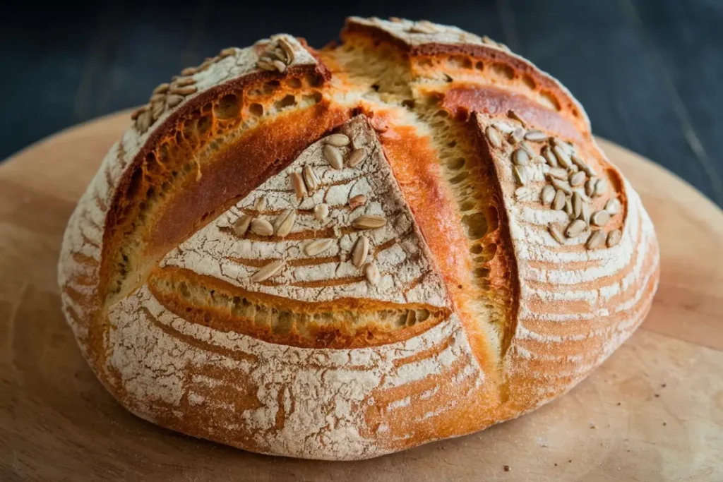 Vegan bread recipe – freshly baked homemade loaf with golden crust and soft interior.