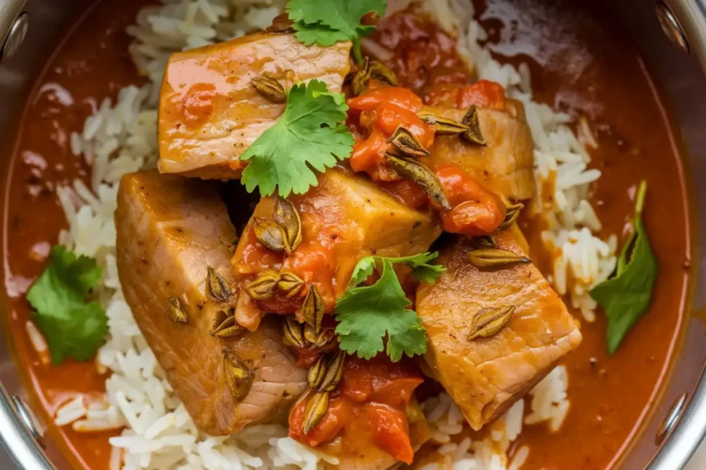 Pork Curry Recipe – A bowl of flavorful pork curry with tender pork pieces in a rich, spiced sauce, served with rice and naan.