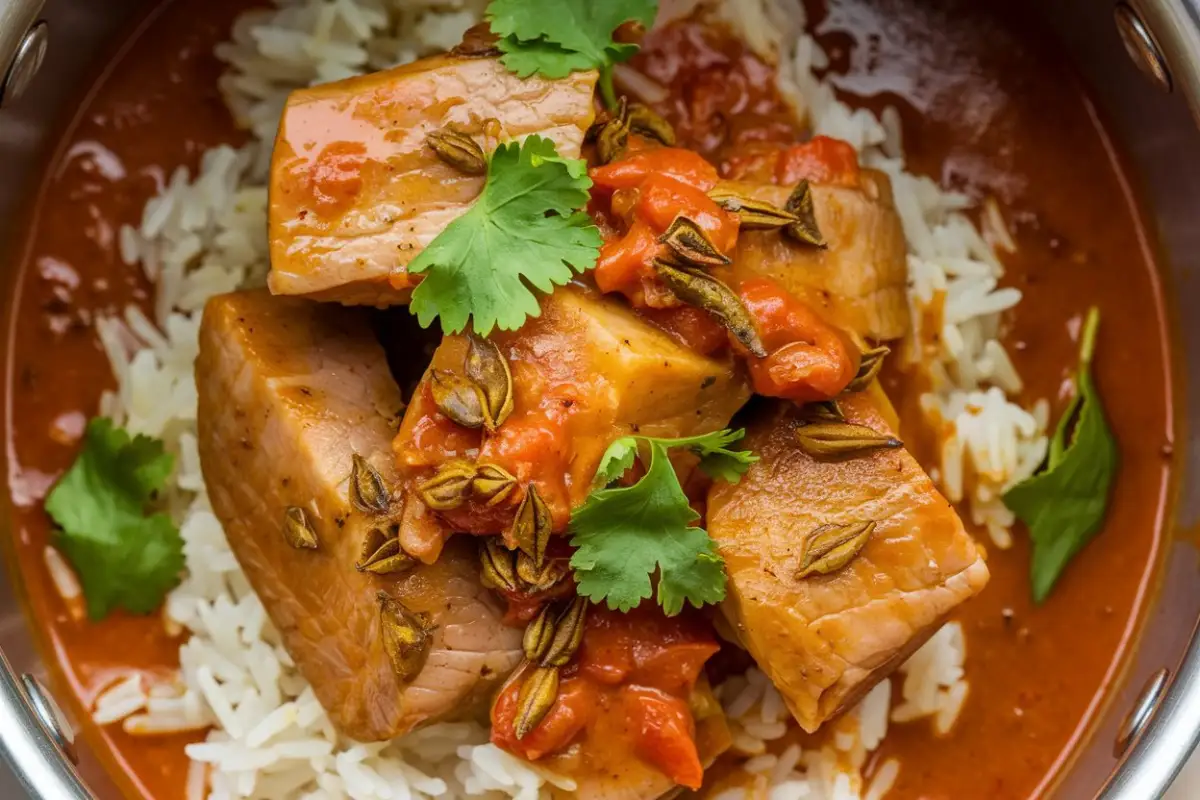 Pork Curry Recipe – A bowl of flavorful pork curry with tender pork pieces in a rich, spiced sauce, served with rice and naan.