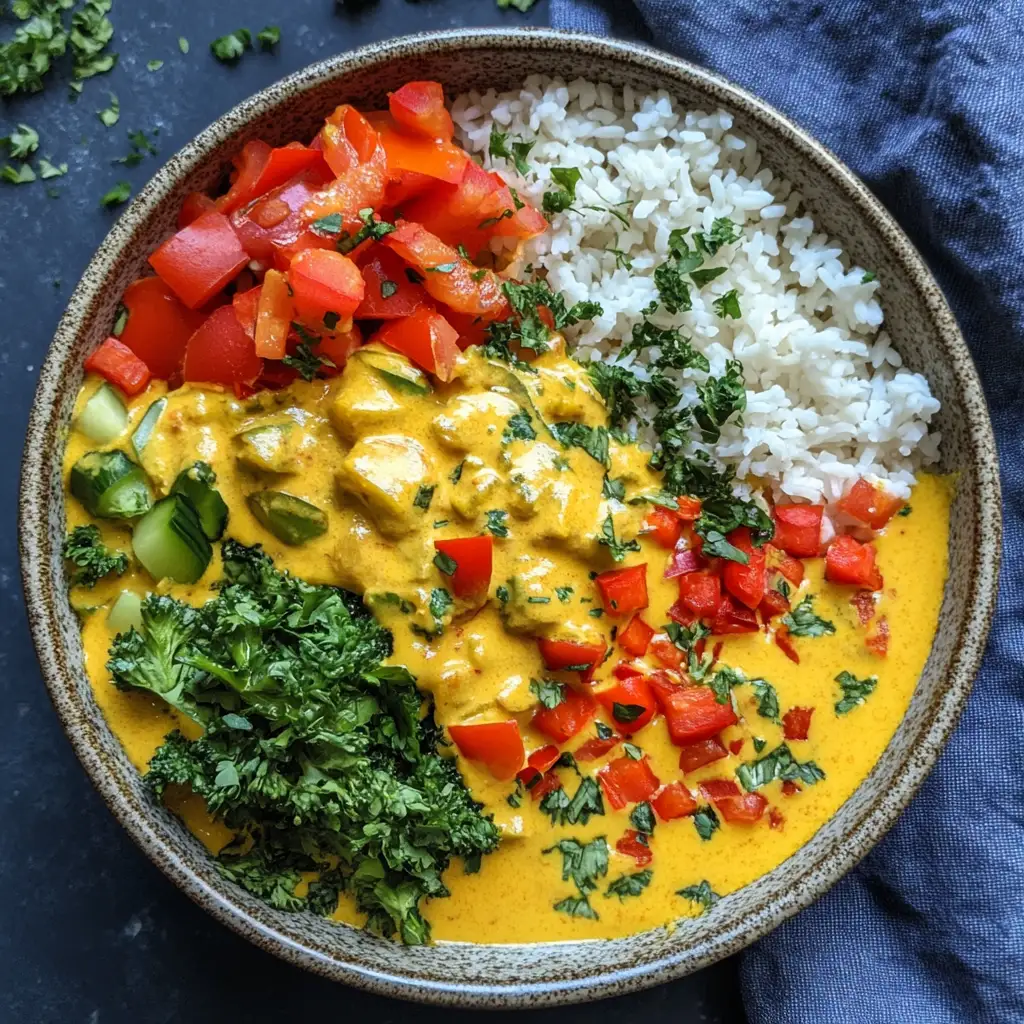 A bowl of creamy keto curry with chicken and cauliflower, garnished with cilantro and lime wedges.