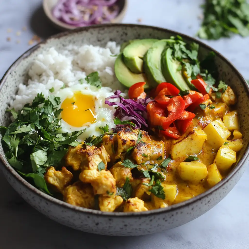 A vibrant bowl of healthy breakfast curry with garnishes.