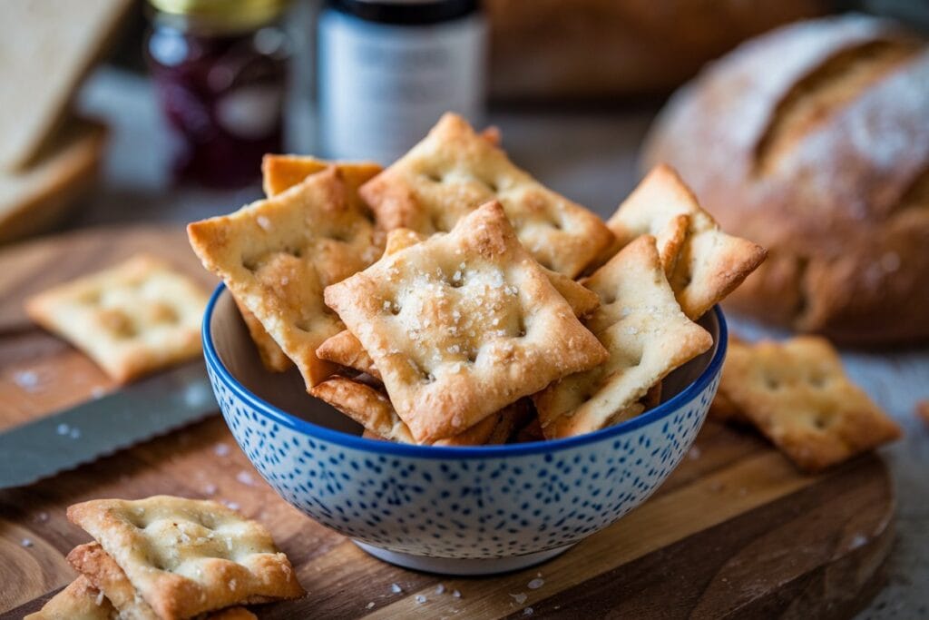 A batch of homemade sourdough discard crackers served with hummus and cheese.