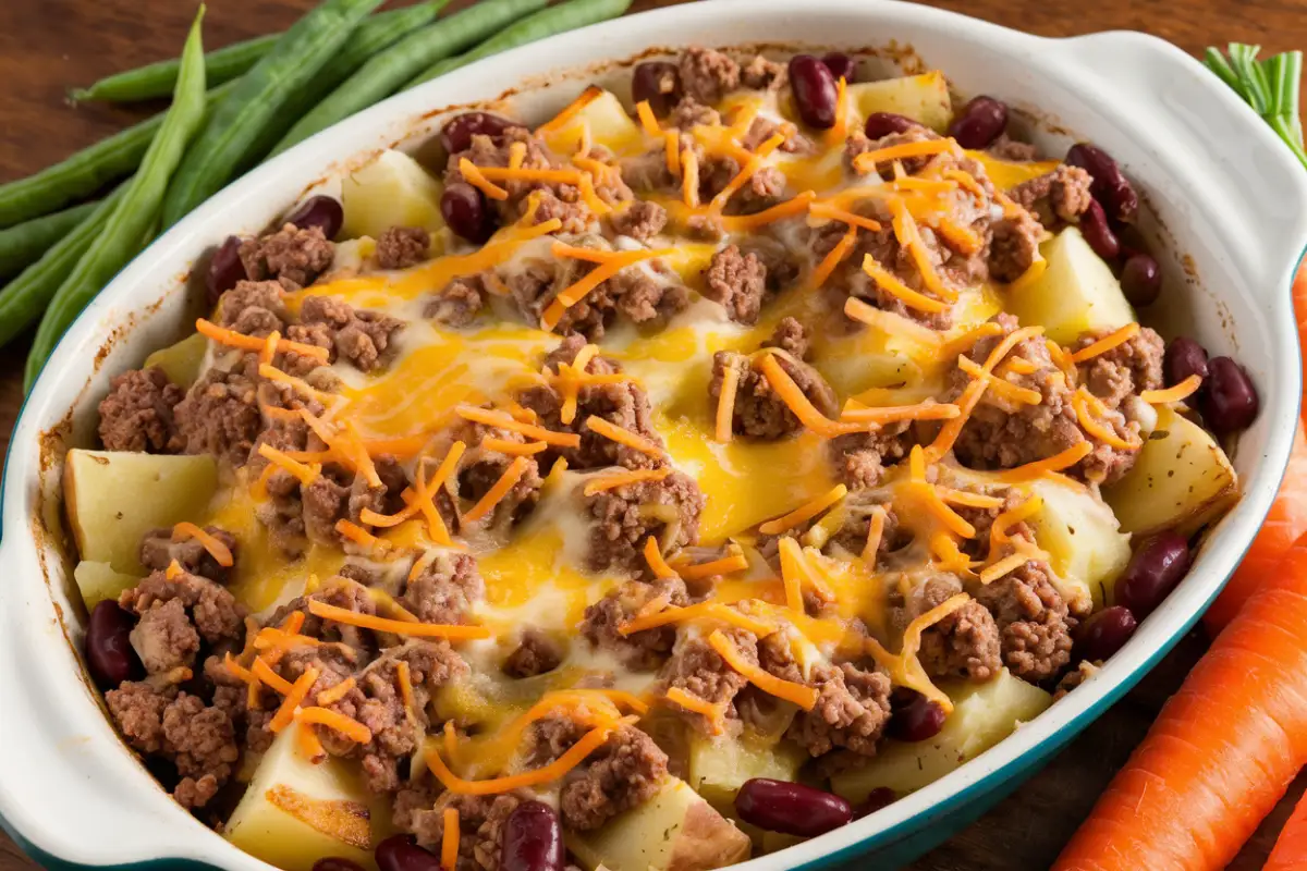 A hot, cheesy Cowboy Casserole fresh from the oven, with a golden crust and a bubbling, creamy filling.