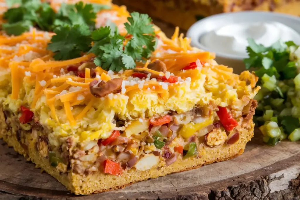 Cornbread Breakfast Casserole in a cast-iron skillet, topped with melted cheese, crispy bacon, and diced bell peppers, served on a rustic kitchen table.