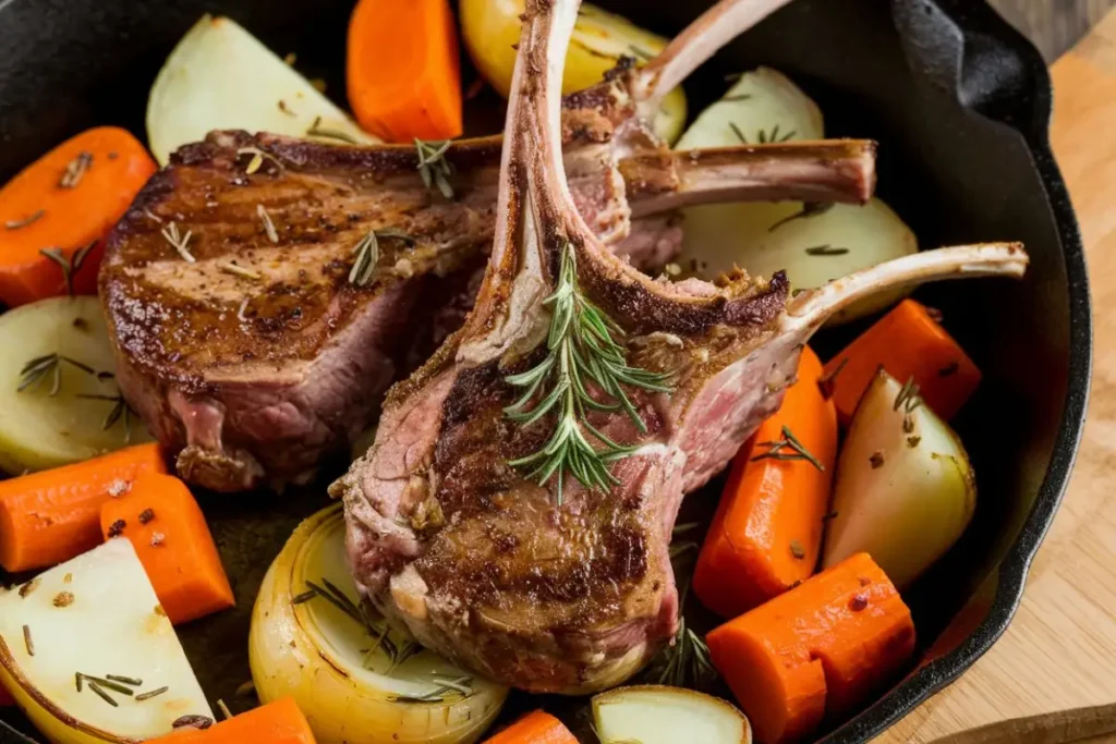 Agas lamb chops recipe – perfectly cooked on an Aga cooker, served with roasted vegetables.