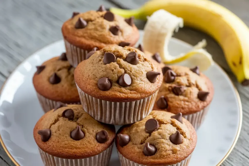 Freshly baked chocolate chip banana muffins on a rustic wooden table.