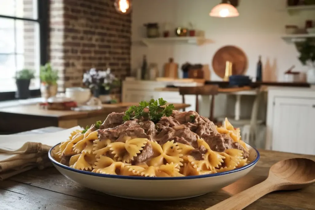 Plate of creamy beef and bowtie pasta with parsley garnish.