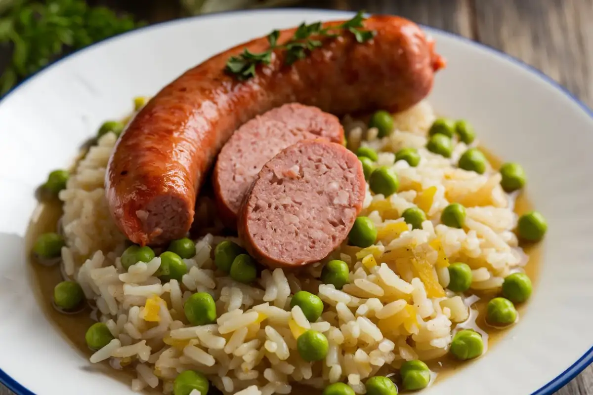 Sausage and rice recipes served in a rustic ceramic bowl with vegetables and fresh parsley.