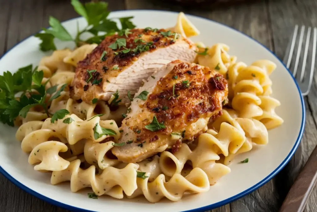 Garlic Parmesan Chicken Pasta served with fresh parsley and parmesan cheese.