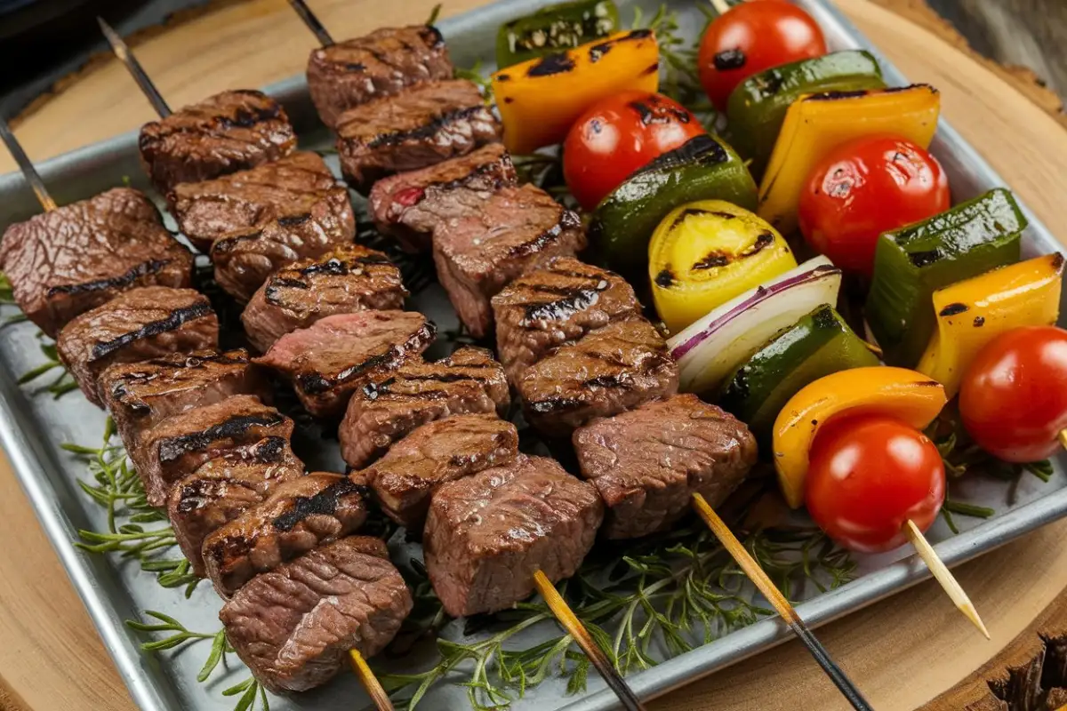 Juicy beef kabobs grilling with vegetables and dipping sauce.