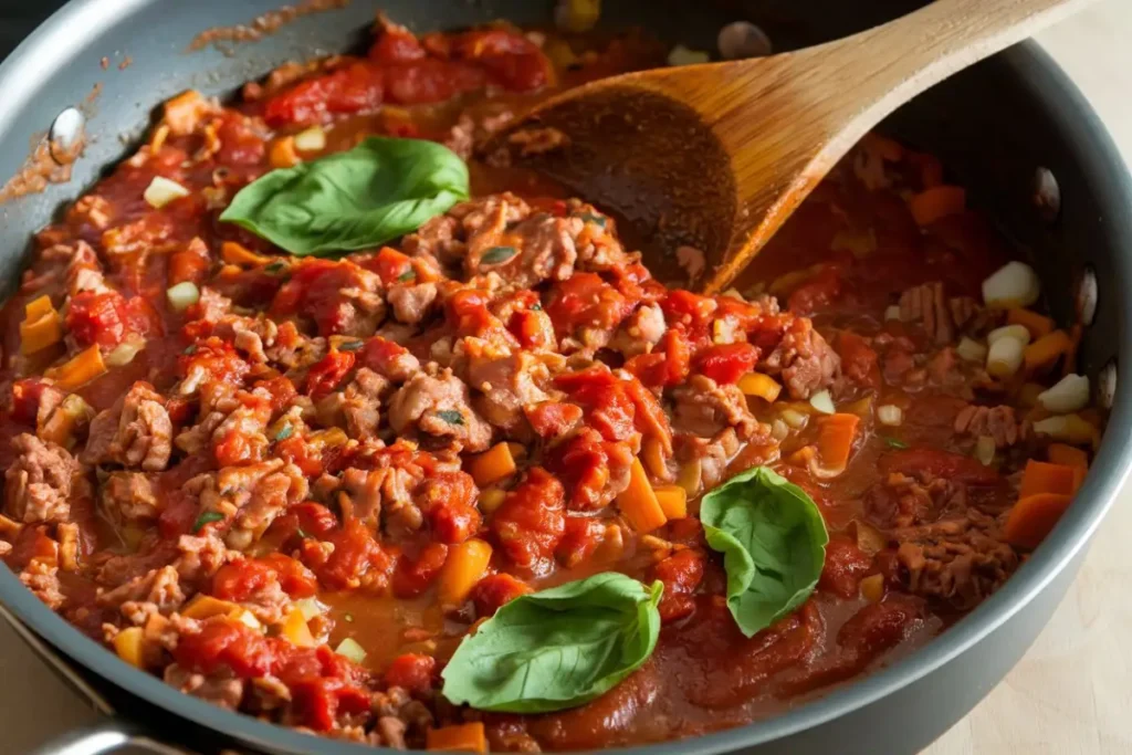 A pot of homemade Turkey Bolognese sauce simmering with fresh herbs.