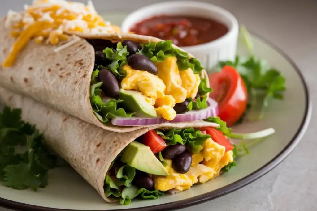 Healthy breakfast burrito meal prep with fresh ingredients like eggs, avocado, black beans, and whole wheat tortillas, arranged on a wooden table with coffee and salsa.