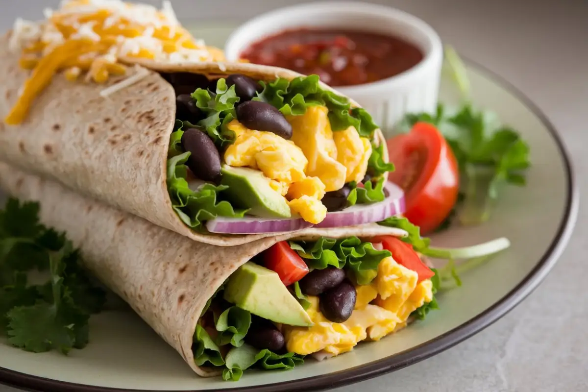 Healthy breakfast burrito meal prep with fresh ingredients like eggs, avocado, black beans, and whole wheat tortillas, arranged on a wooden table with coffee and salsa.