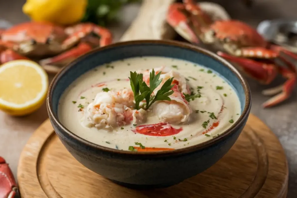 A bowl of creamy she-crab soup with crab roe and chives, served on a rustic table.