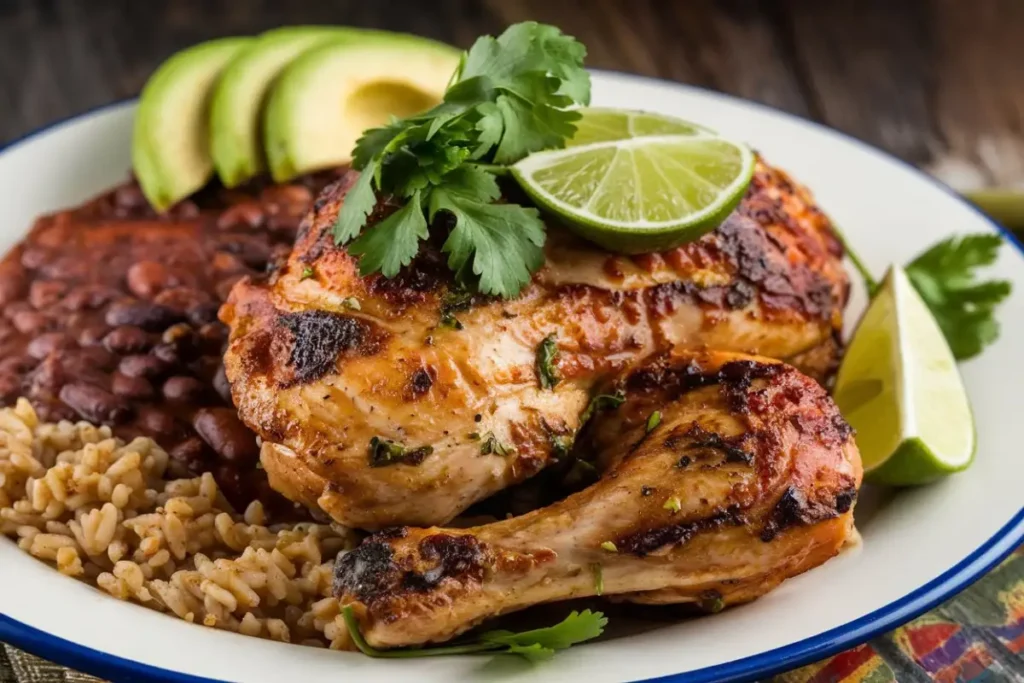 Guisado de Pollo Mexicano served in a rustic clay bowl with rich tomato sauce, bell peppers, and cilantro garnish, accompanied by tortillas and rice.