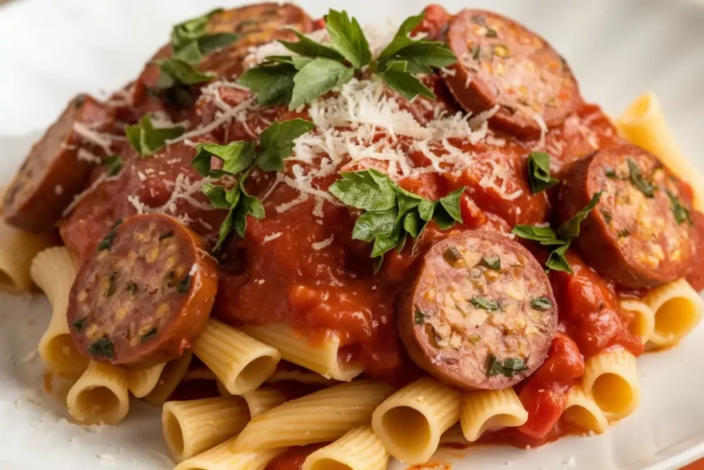 Italian Sausage Pasta – A hearty bowl of pasta with savory Italian sausage, rich tomato sauce, and fresh basil.