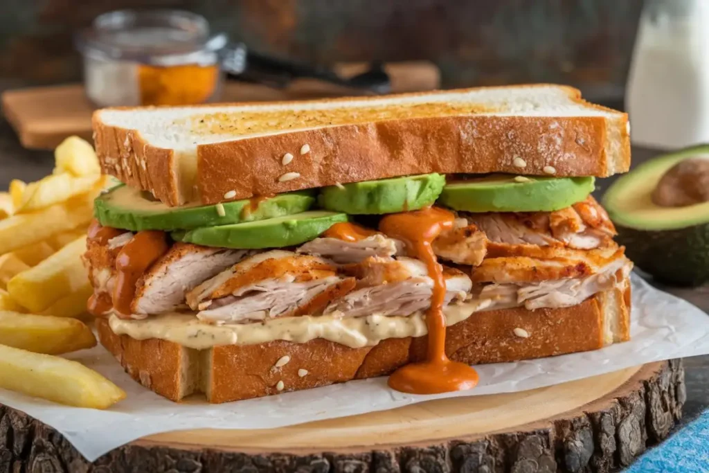 Close-up of a Chipotle Chicken Avocado Melt sandwich with gooey cheese, avocado, and chipotle chicken.
