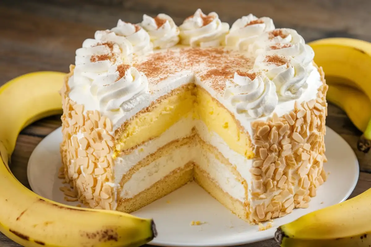 A perfectly frosted banana cream cake with whipped cream and banana slices.